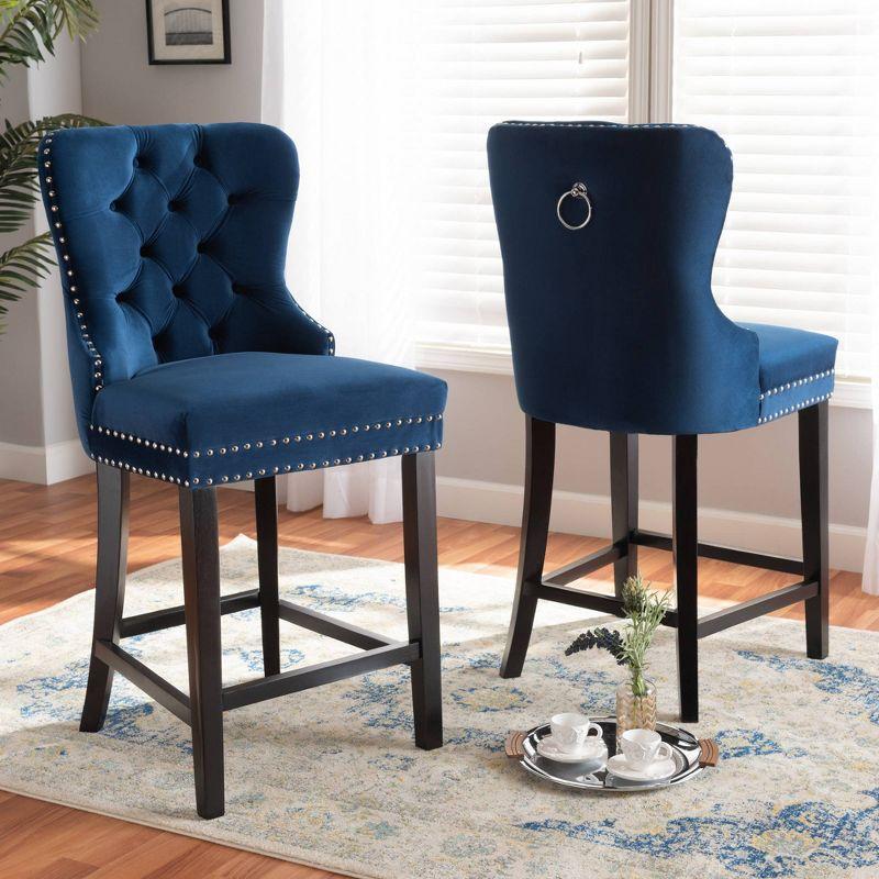2pc Howell Modern Velvet Upholstered Wood Counter Height Barstool Set Blue/Brown - Baxton Studio: Polyester, Fixed Height
