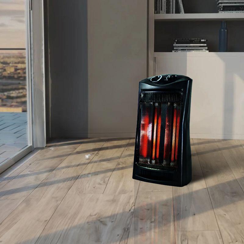 Geneva Industrial 1500W Quartz Infrared Electric Tower Heater with Adjustable Thermostat, Dual Quartz Tubes, Tip-Over Switch for Indoor Use, Black