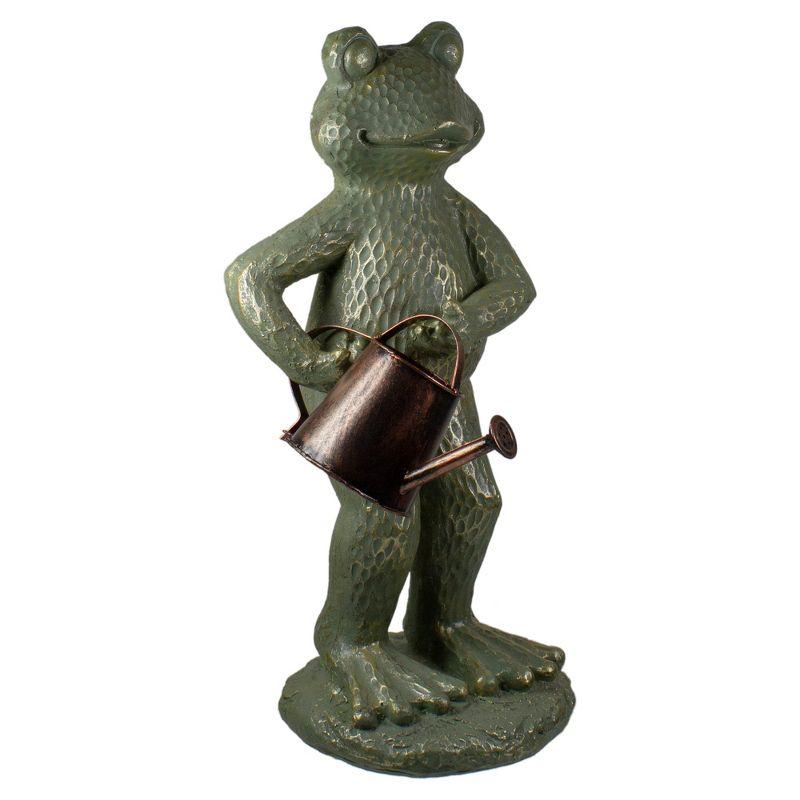 17" Gold Verdigris Frog with Watering Can Outdoor Garden Statue