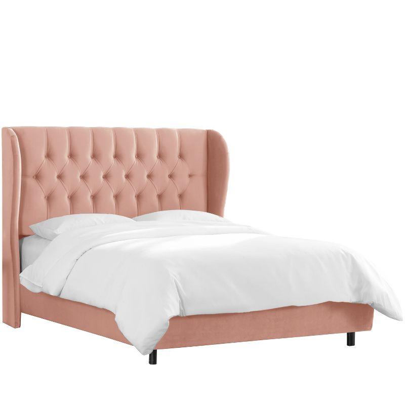 Skyline Furniture Queen Tufted Wingback Bed Blush Velvet: Contemporary Padded Headboard, Durable Pine & Metal Frame
