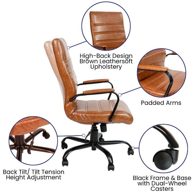 Emma and Oliver High Back Brown LeatherSoft Executive Swivel Office Chair with Black Frame/Arms
