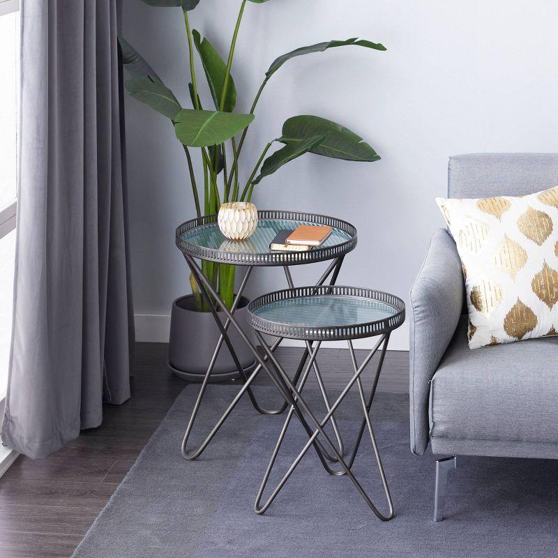 Set of 2 Gray Metal and Glass Industrial Accent Tables