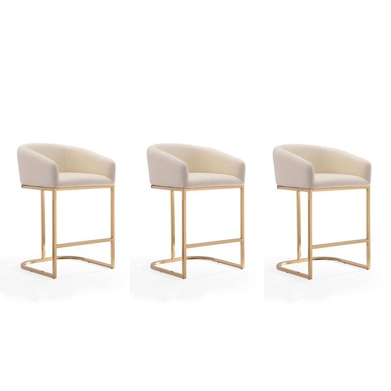 Manhattan Comfort Set of 3 Louvre Upholstered Stainless Steel Counter Height Barstools Cream: Faux Leather, Armrests, Footrest