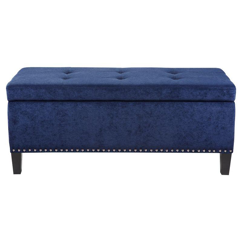 18" Shandra Bench Storage Ottoman with Tufted Top Blue - Home: Faux Leather, Rectangular, Wood Legs, Polyester Upholstered