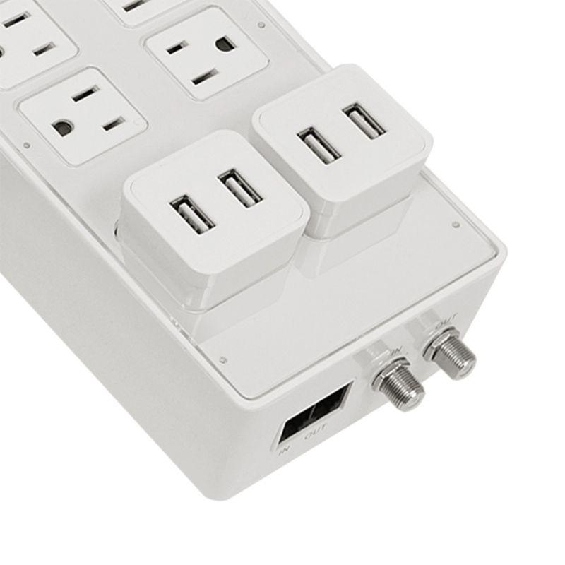 White 8-Outlet Power Strip with USB and Data Line Protection