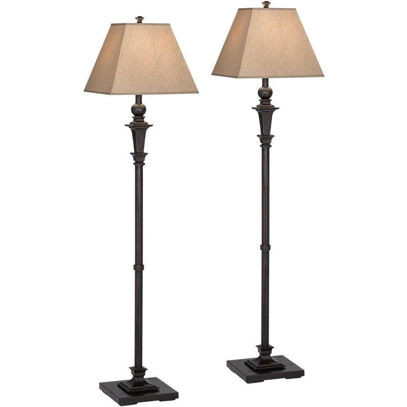 Italian Bronze 59" Tall Floor Lamps with Faux Silk Shades