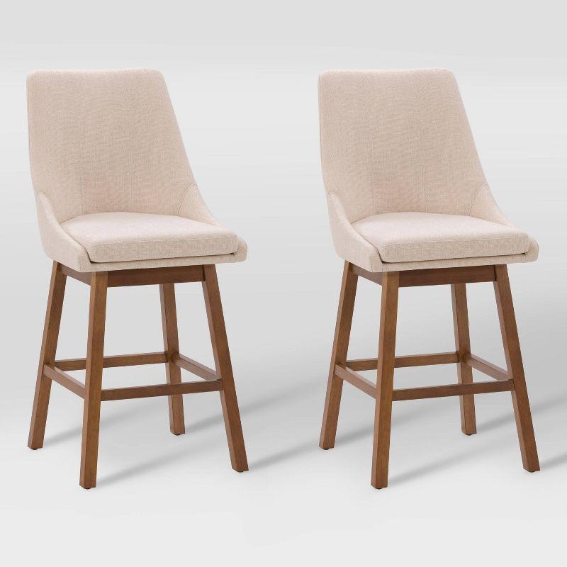 Beige Fabric Upholstered High Back Bar Stools - Set of 2