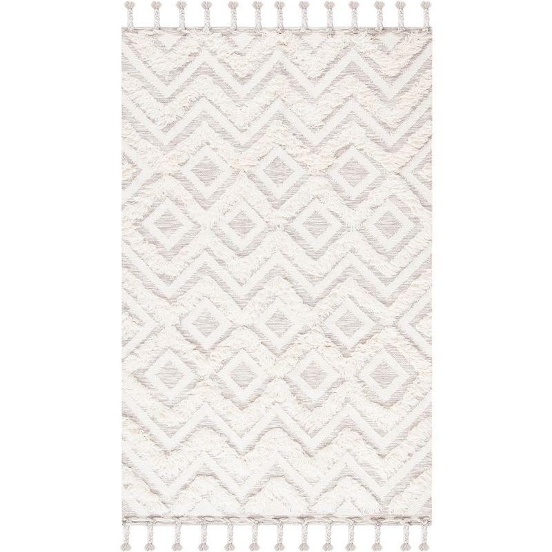 Ivory Geometric Hand-Knotted Wool Area Rug with Tassels