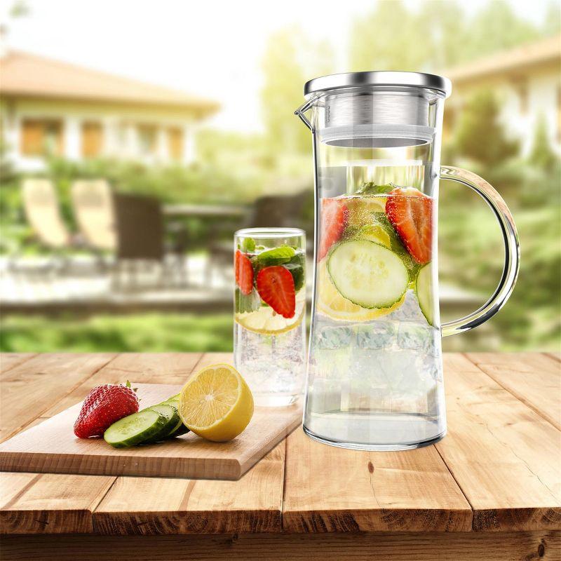Glass Pitcher-50oz. Carafe with Stainless Steel Filter Lid- Heat Resistant to 300F-For Water, Coffee, Tea, Punch, Lemonade and More by Classic Cuisine