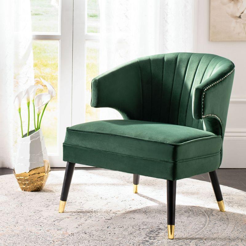 Transitional Forest Green Velvet Barrel Accent Chair with Black Wood Legs