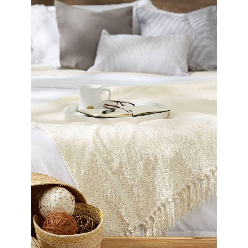 Cream Knitted Chenille Throw Blanket with Fringe