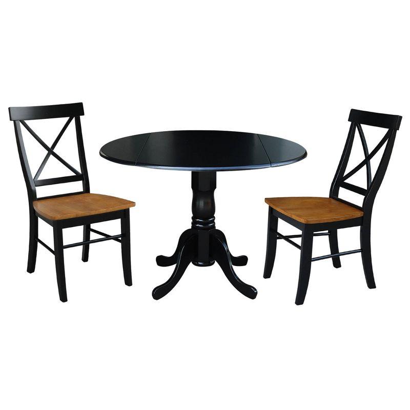 3pc Dining Set with a Dual Drop Leaf Dining Table and 2 Cross Back Dining Chairs Black/Cherry - International Concepts: Compact, Space-Saving Design