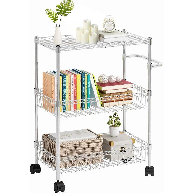 3 Tier Rolling Cart, Metal Kitchen Cart On Wheels with Baskets, Wire Shelving Storage Cart with Handles for Kitchen Bathroom Office Laundry, Chrome