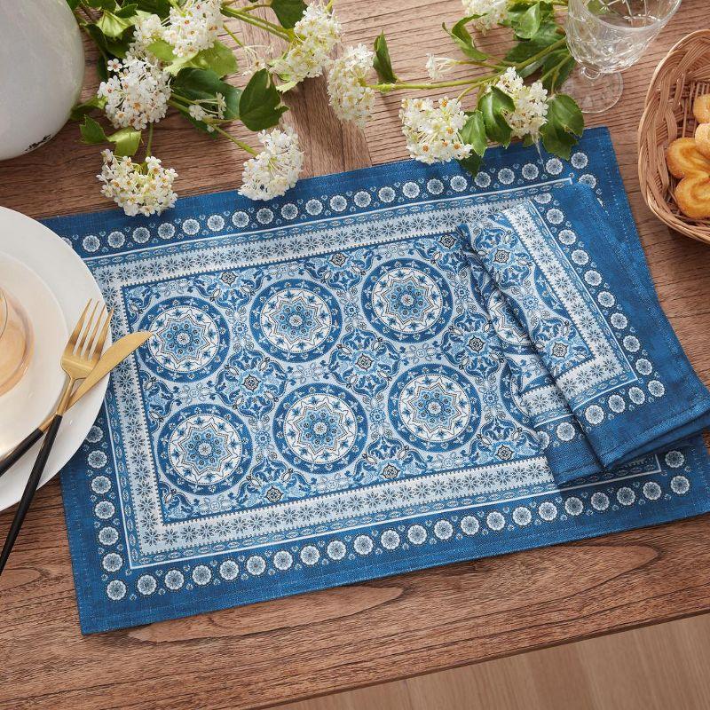 Blue Medallion Block Print Polyester Placemats, Set of 4