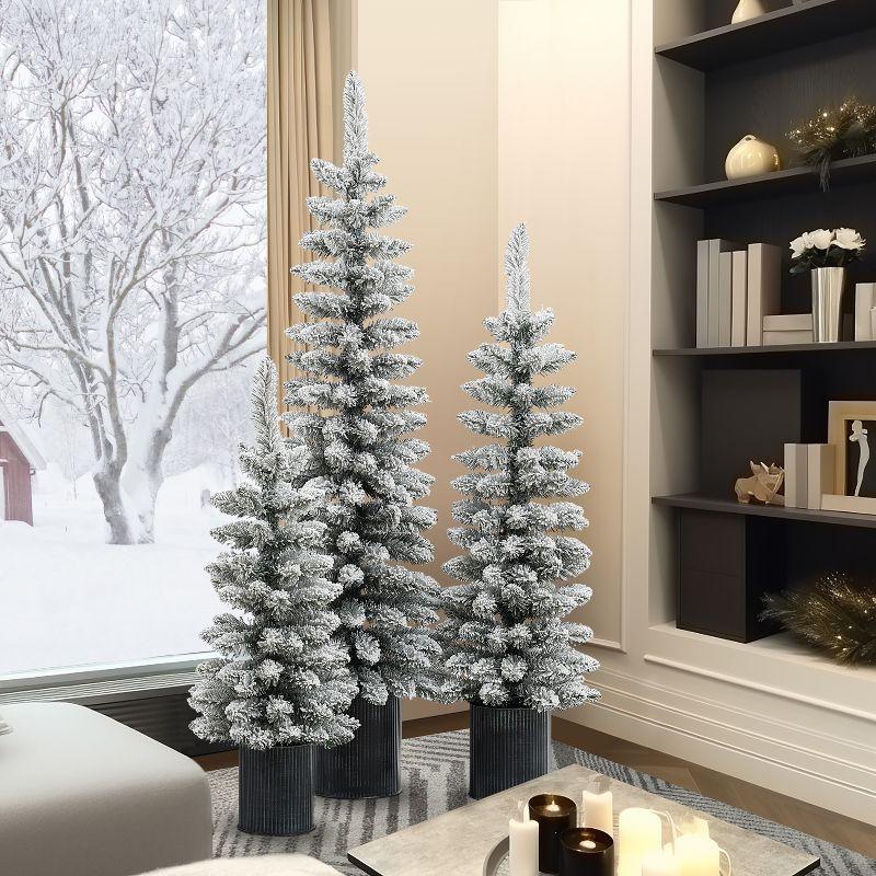 LuxenHome Set of 3 Unlit Snow-Flocked Christmas Trees with Metal Pots White