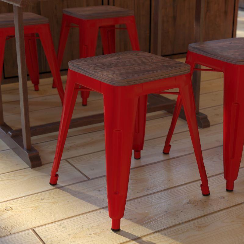 Flash Furniture 18" Backless Table Height Stool with Wooden Seat, Stackable Red Metal Indoor Dining Stool, Commercial Grade - Set of 4