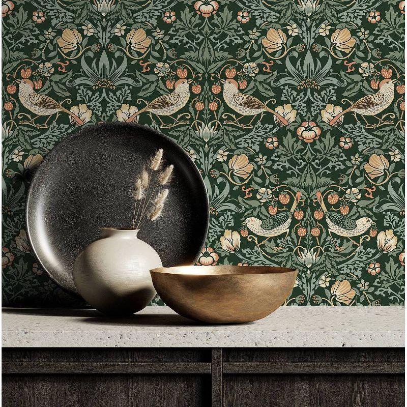 NextWall Aves Garden Peel and Stick Wallpaper Green: Vintage Bird & Floral Design, Repositionable, Washable, 30.75 Sq Ft Coverage