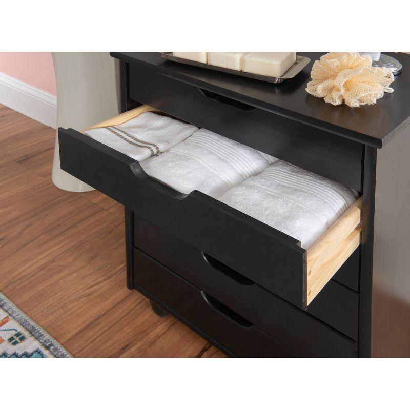 Cary Transitional 6 Drawer Solid Wood Contoured Handle Cut Out Wide Roll Cart Black - Linon: Pine Frame, Farmhouse Style, Portable Storage