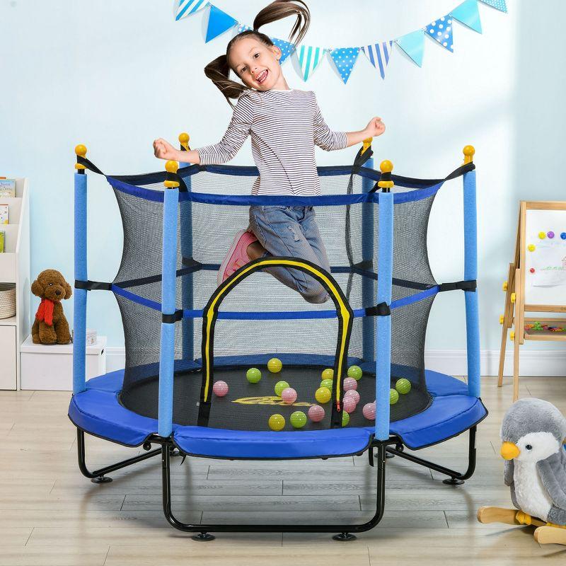 Qaba 4.6' Trampoline for Kids, 55" Toddler Trampoline with Safety Enclosure & Ball Pit for Indoor or Outdoor Use, Built for Kids 3-10 Years