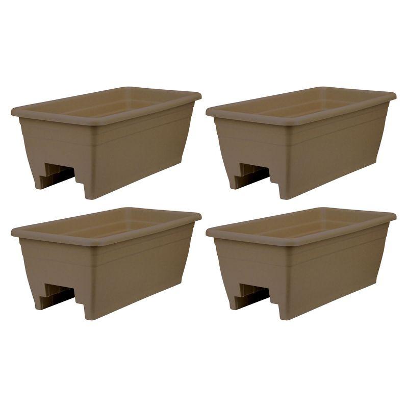 The HC Companies 24 Inch Wide Heavy Duty Plastic Deck Rail Mounted Garden Flower Planter Boxes with Removable Drainage Plugs, 4 Pack, Chocolate