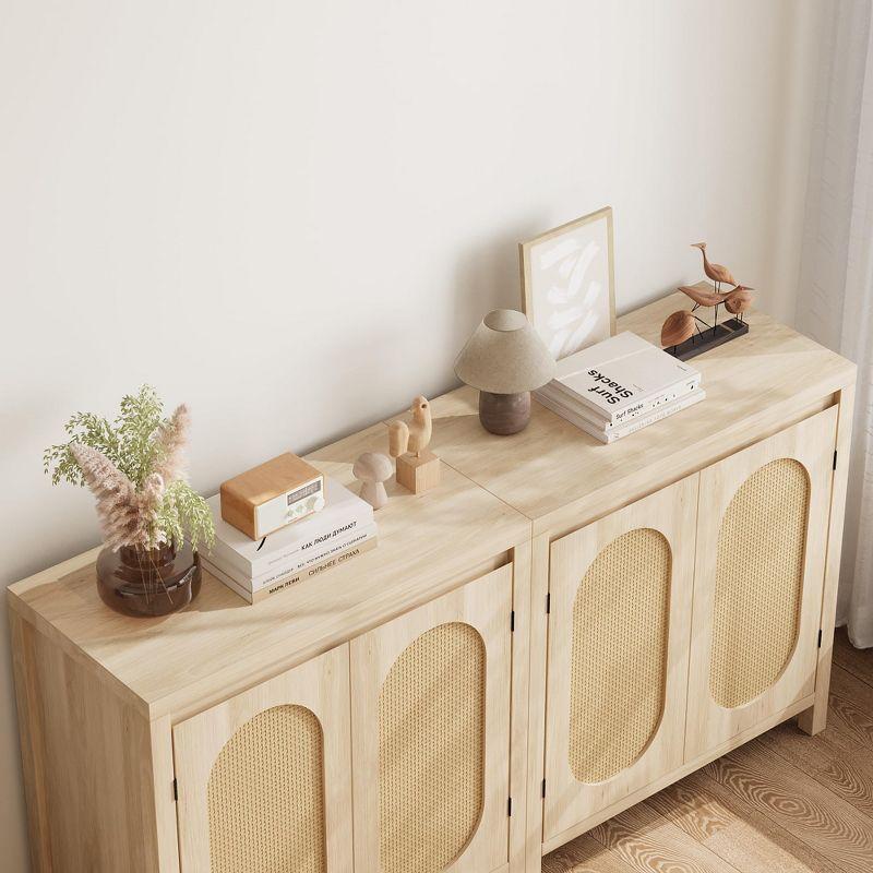 Rattan Storage Cabinet, Wooden Sideboard Buffet Cabinet with Doors and Shelves, Small Console Cabinet with Storage