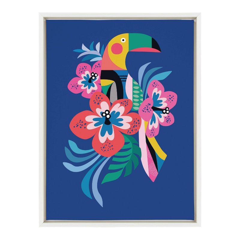 Colorful Toucan and Hibiscus Canvas Wall Art with White Frame