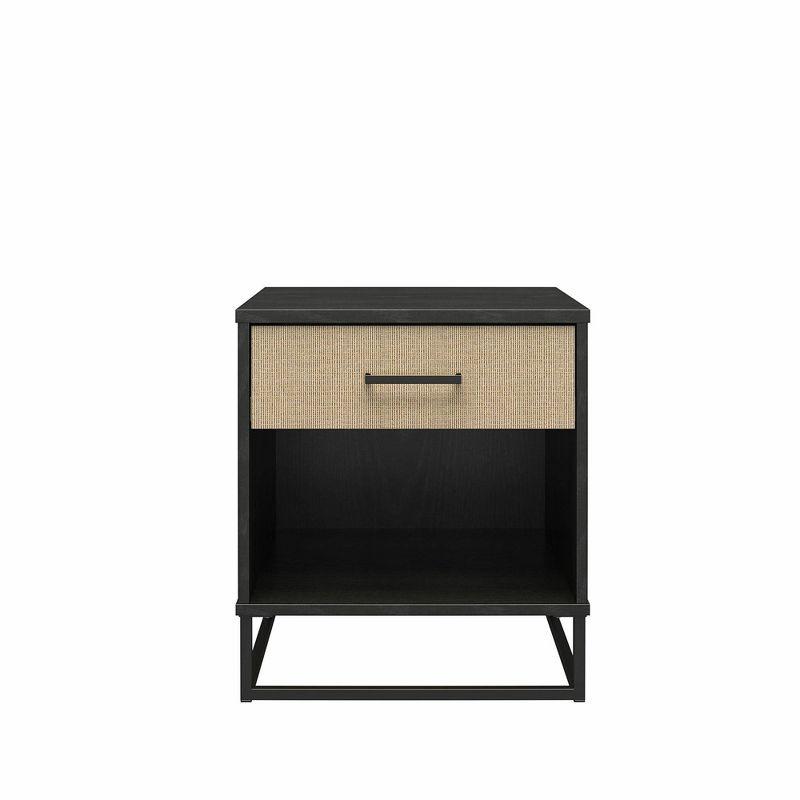 Coastal Charm Black Oak & Faux Rattan Nightstand with Drawer