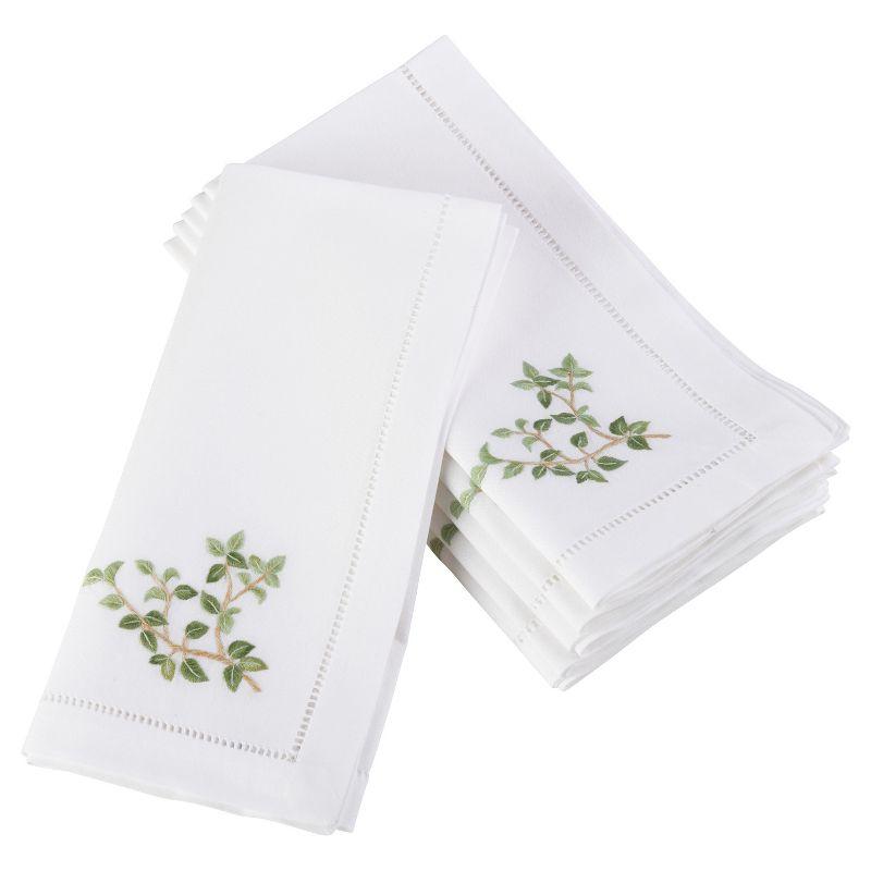 White Cotton Napkins with Embroidered Oregano Design, Set of 6