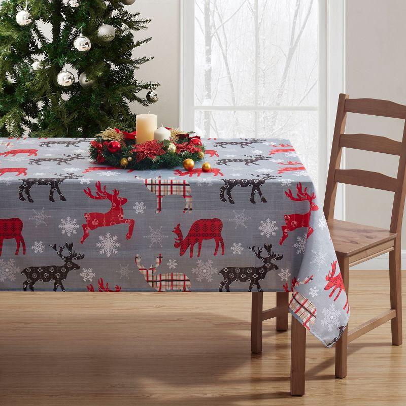 Kate Aurora Holiday Living Plaid Christmas Reindeer & Snowflakes Fabric Tablecloth - 8-10 Chairs