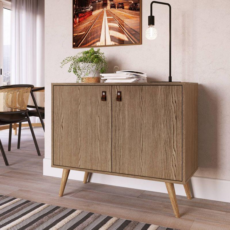 Amber Natural Eucalyptus Wood Buffet Sideboard with Faux Leather Handles