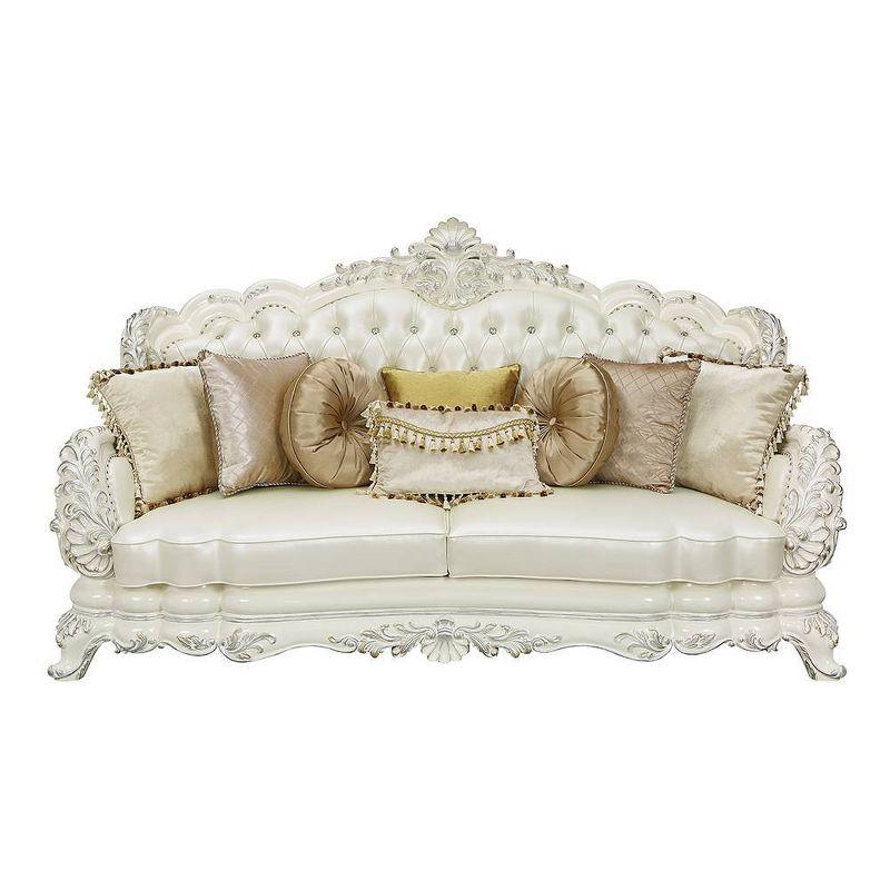 90" Adara Sofa White Synthetic Leather and Antique White Finish - Acme Furniture: Luxurious Nailhead Trim, Wood Frame, 7 Pillows Included