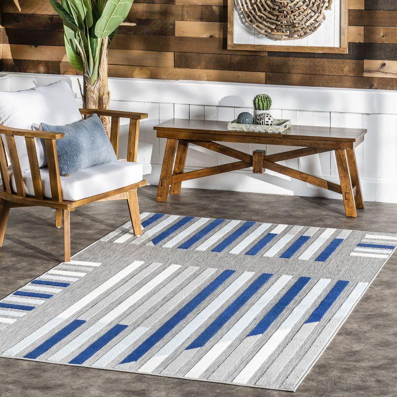 Light Gray and Blue Striped Synthetic Indoor/Outdoor Rug 5x8