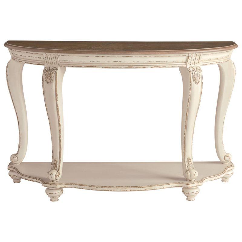 Realyn Demilune Sofa Table with Storage in Distressed White/Brown