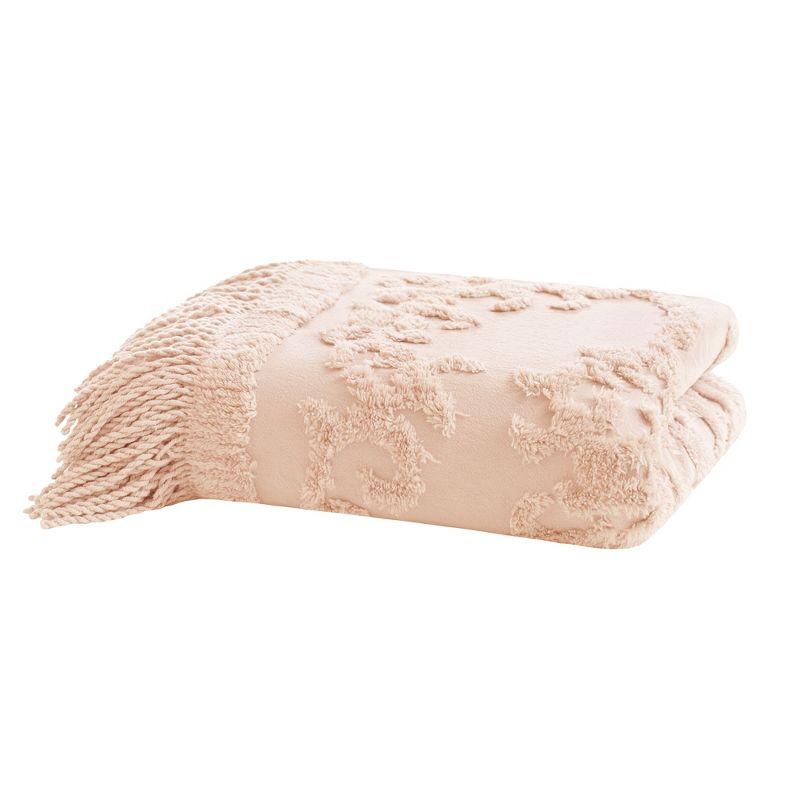 Blush Cotton Tufted Chenille Throw Blanket with Fringe