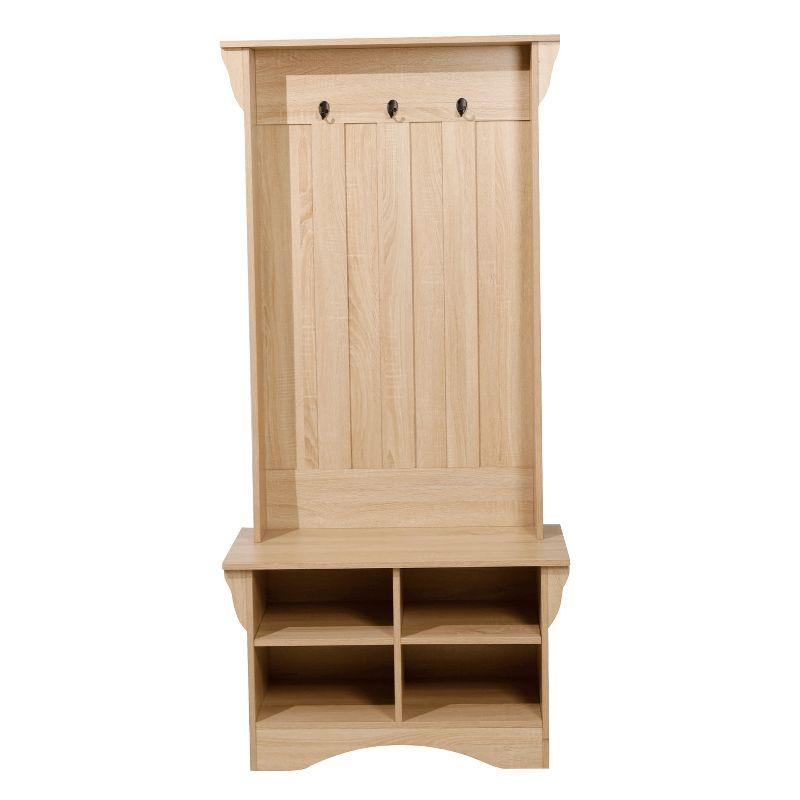 Merrick Lane Hallway Tree with Bench Seating, 3 Single Coat Hooks and Lower Storage with Adjustable Shelves in Weathered Wood