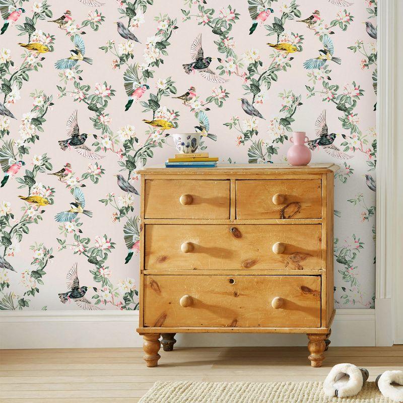 Hand-Painted Garden Birds Floral Wallpaper in Warm Oaty Brown