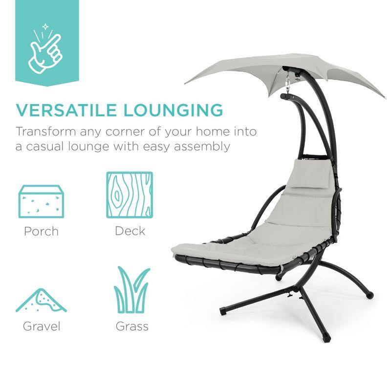 Best Choice Products Hanging Curved Chaise Lounge Chair Swing for Backyard, Patio w/ Pillow, Shade, Stand - White Sand