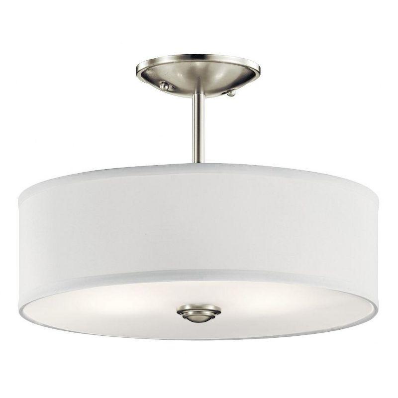 Shailene 14" 3 Light Round Semi Flush with Satin Etched White Diffuser and White Microfiber Shade in Brushed Nickel