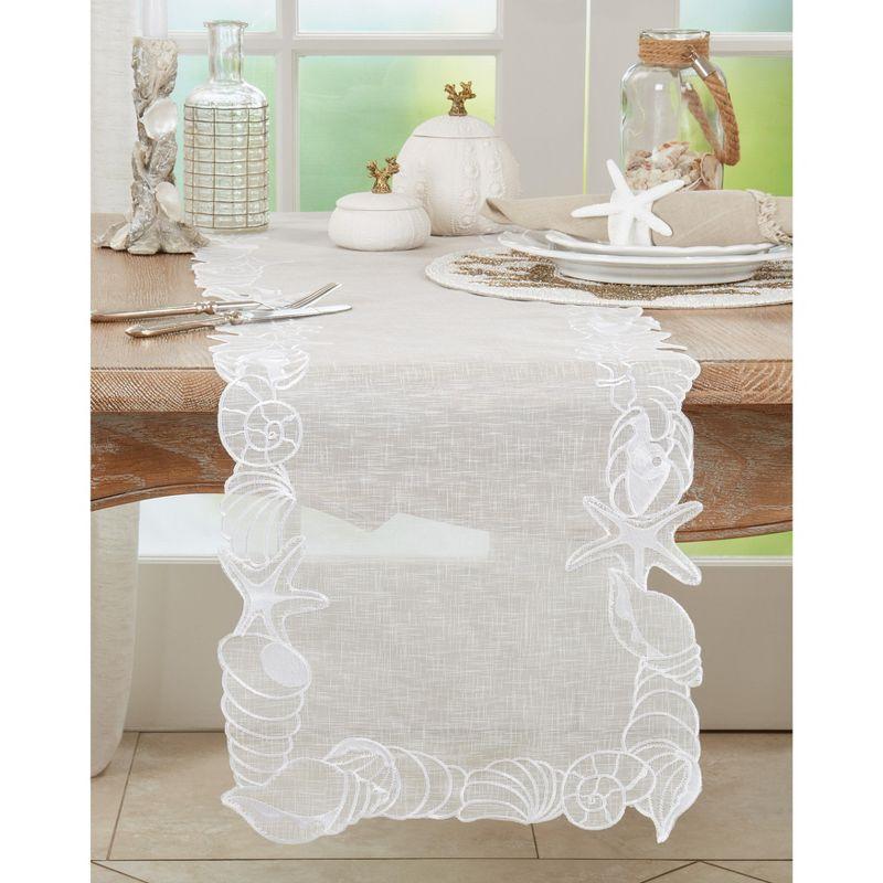 Saro Lifestyle Table Runner with Embroidered Seashells Design, 14"x72", White