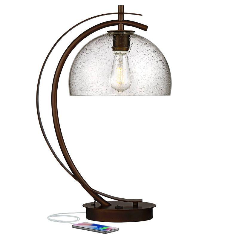 Bronze Arc LED Table Lamp with Seeded Glass Shade