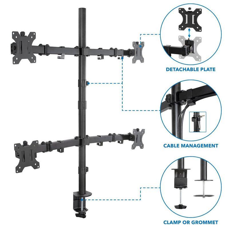 Mount-It! Height Adjustable 4 Monitor Stand Arms | Quad Monitor Desk Mount | Fits Four Computer Screens 19 - 32 in. | C-Clamp and Grommet Bases