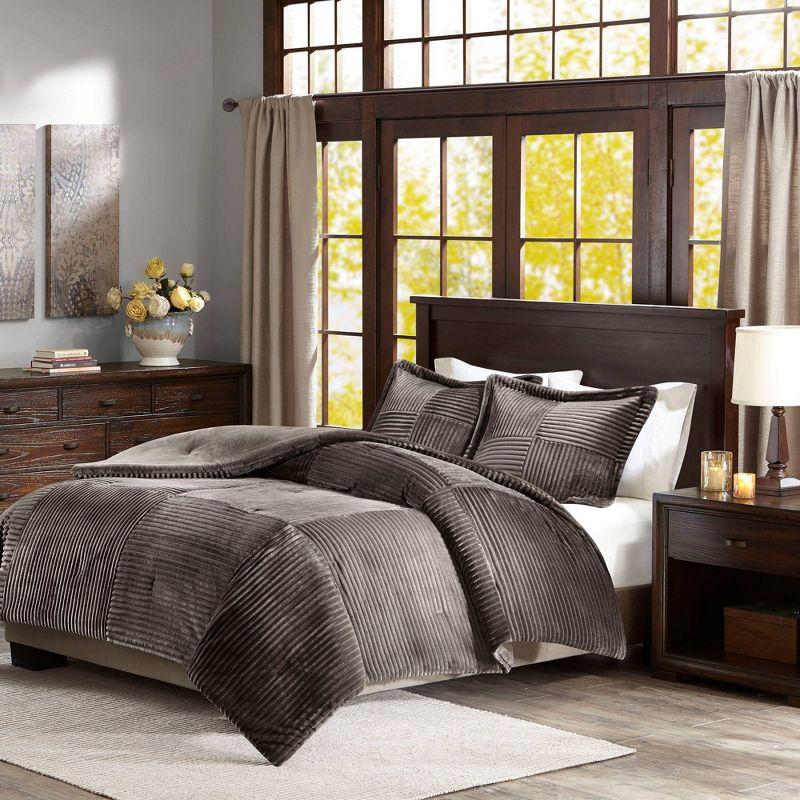 Madison Park 3pc Full/Queen Williams Corduroy Plush Comforter Mini Set Gray: Microfiber, Transitional Style, Includes Shams