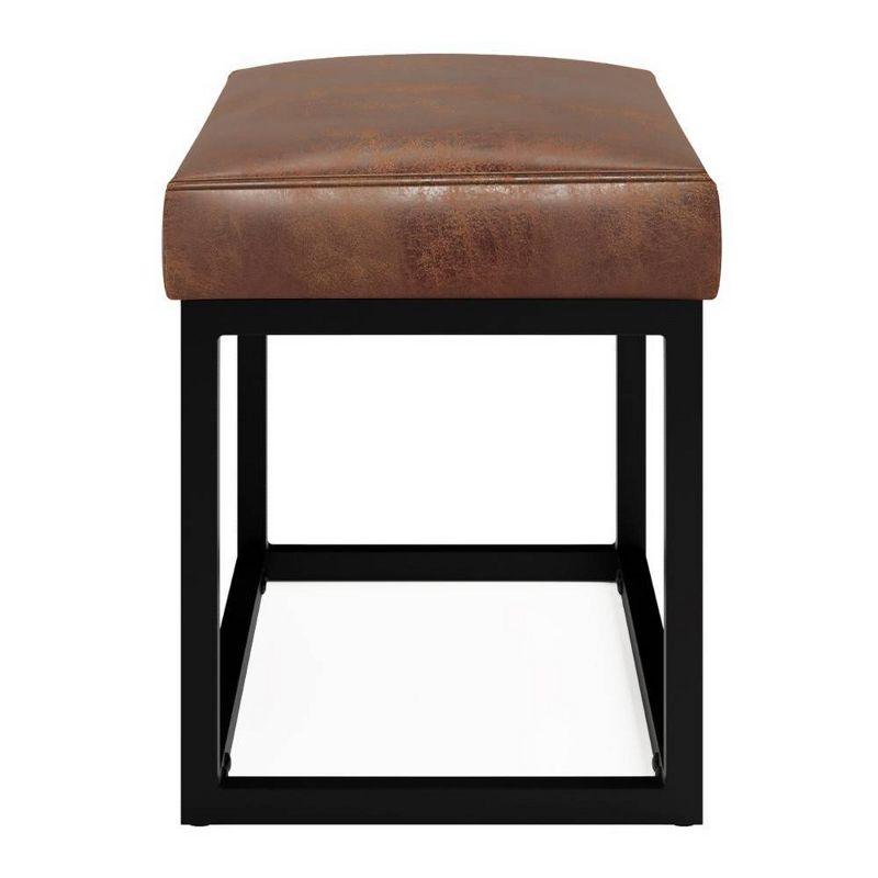 WyndenHall 26" Kerwood Contemporary Rectangle Bench Distressed Saddle Brown: Black Iron Frame, Vegan Faux Leather, Padded Rectangular Seat