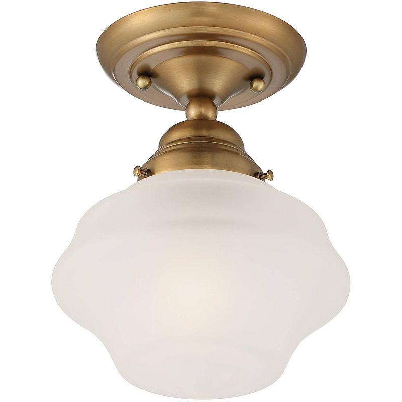 Regency Hill Schoolhouse Floating Modern Farmhouse Ceiling Light Semi Flush Mount Fixture 7" Wide Brass White Glass Shade for Bedroom Living Room Home