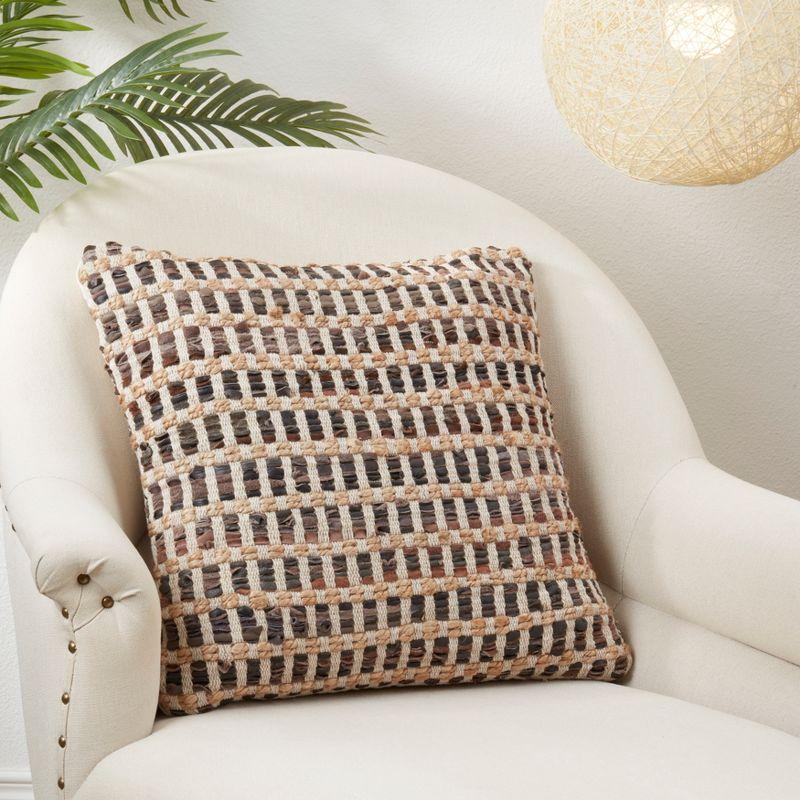 Saro Lifestyle Earthy Leather and Jute Woven Down Filled Throw Pillow, Brown, 20"x20"