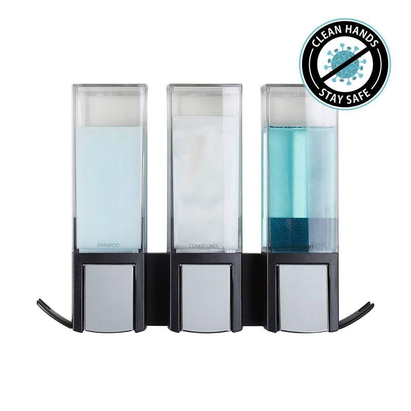 Better Living Products Clever Three Chamber Wall Mount Soap and Shower Dispenser Black/Chrome: Gel & Shampoo Storage, Easy Refill Design