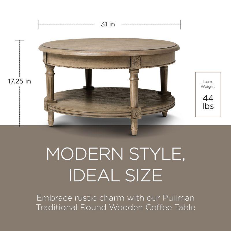 Pullman Antiqued Grey Round Wooden Coffee Table with Shelf