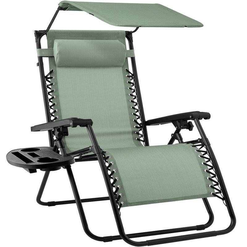 Sage Green Folding Zero Gravity Recliner with Canopy and Tray