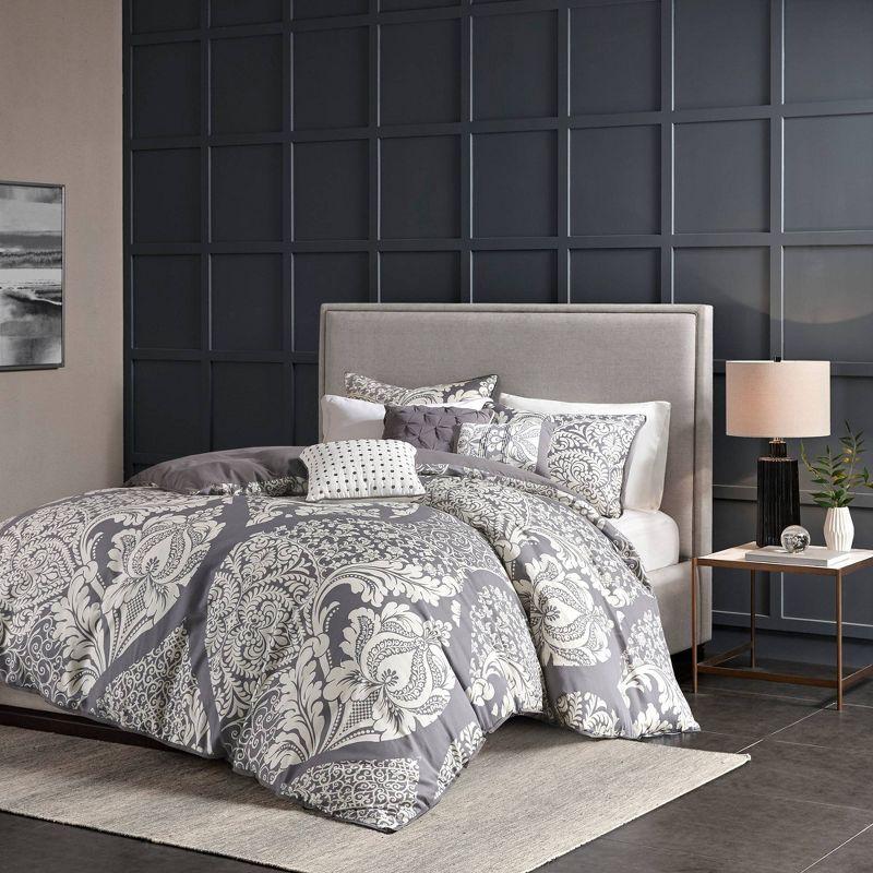 Madison Park 6pc Full/Queen Adela Printed Duvet Cover Bedding Set Slate: Cotton Damask, Embroidered, OEKO-TEX Certified