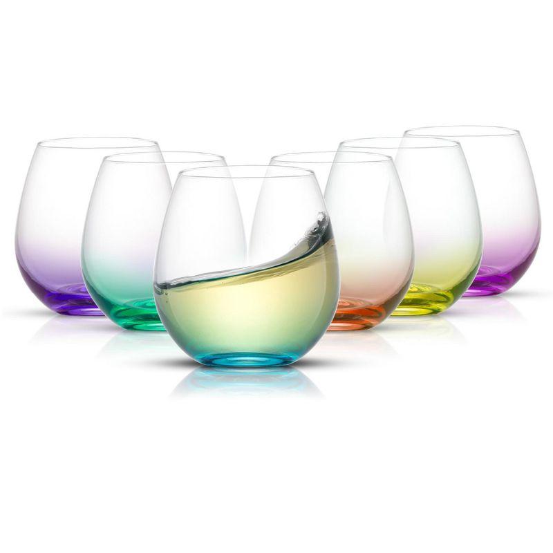 JoyJolt Hue Colored Stemless Wine Glass-Set of 6 Colorful Red or White Wine Drinking Glasses- 15 oz